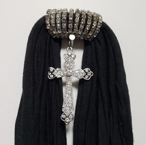 Scarf Diamond Jewelled Silver Cross Black Women Soft Jersey Gauze